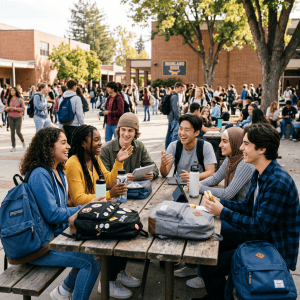 Group of high school students sitting and talking around a picnic table outdoors