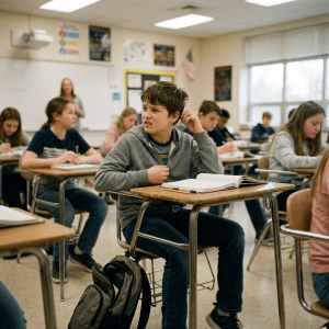 A middle school student sitting at a desk looking confused with an open book and classmates writing in the background